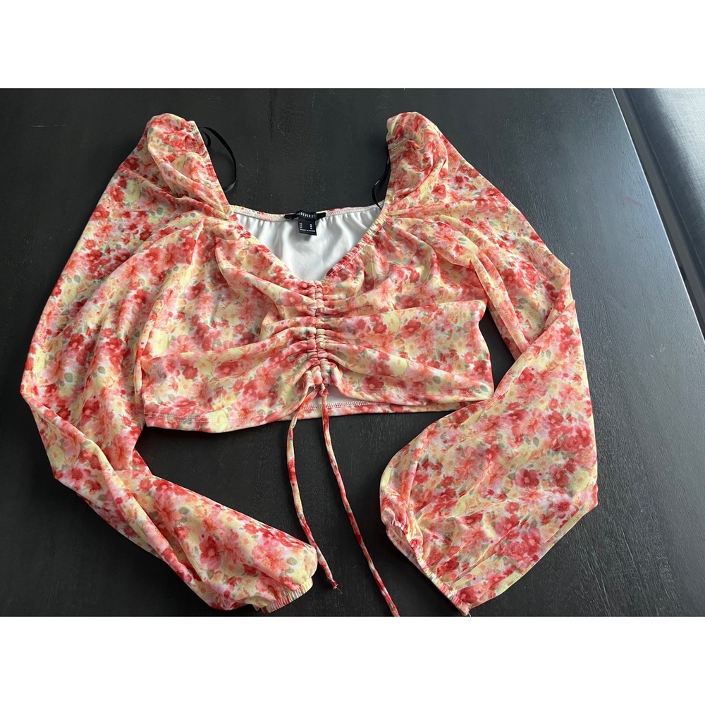 Forever 21 Floral Print Ruched Cropped Long Sleeve Top Square Neck Festival - Picture 8 of 8